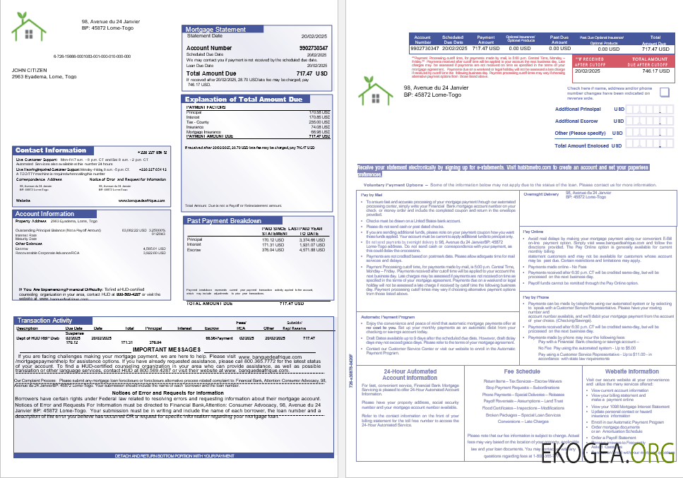 Relevé hypothécaire de la Banque Financière du Togo aux formats Word et PDF, 3 pages template Relevé hypothécaire de la Banque Financière du Togo aux formats Word et PDF, 3 pages template